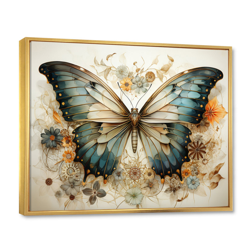 Papillon beige sarcelle, motifs complexes - art mural papillon, H 16 po x l 32 po x P 1 po, Cadre flottant doré