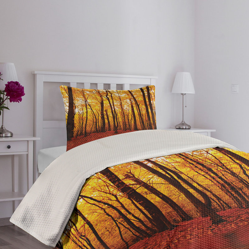 King Size Autumn Forest Quilted Bedspread Set in Brown and Orange
