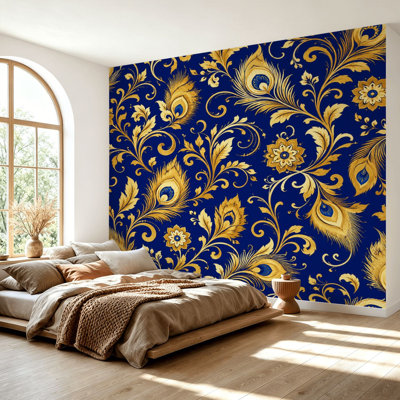Papier peint adhésif autocollant amovible à motif de plumes de paon dorées, bleu foncé, papier auto-adhésif amovible, pour salle de séjour H 69 po x l 96 po
