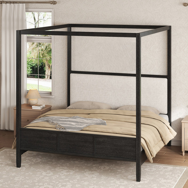 Grand lit plateforme à baldaquin en bois avec tête de lit tapissier