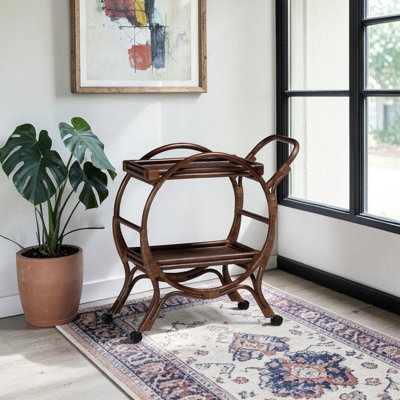 Arian Handcrafted Rattan Kitchen Trolley Wicker Woven Dual-Level Rolling Service Cart With Flat Tray Surface