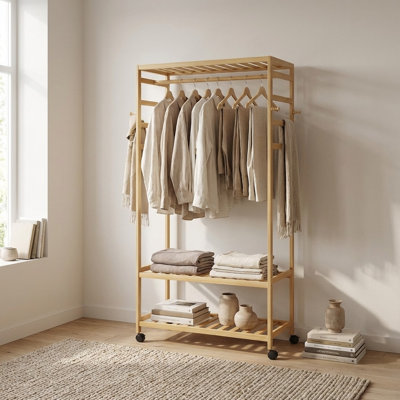 Wooden Clothes Rack | Portable Open Wardrobe with Shoe Storage