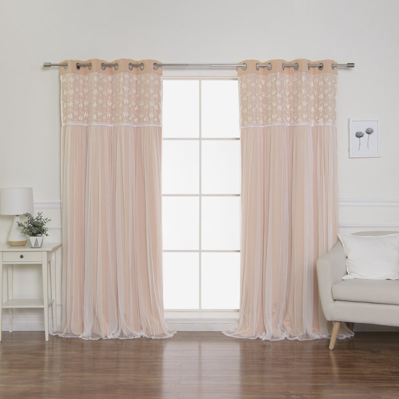 Everina Lace Overlay Nature Floral Room Darkening Thermal Grommet Curtain Panels, Peachy Pink, 52" W x 96" L