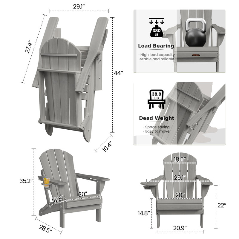 Besteiro Adirondack HDPE Foldable Chair Wood Texture  With Cup Holder, Gray