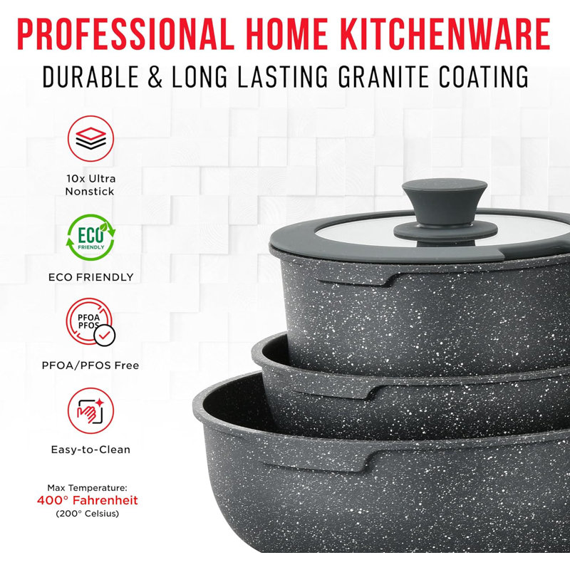 Bakken 15-Piece Black Granite Non-Stick Cookware Set with Detachable Handles