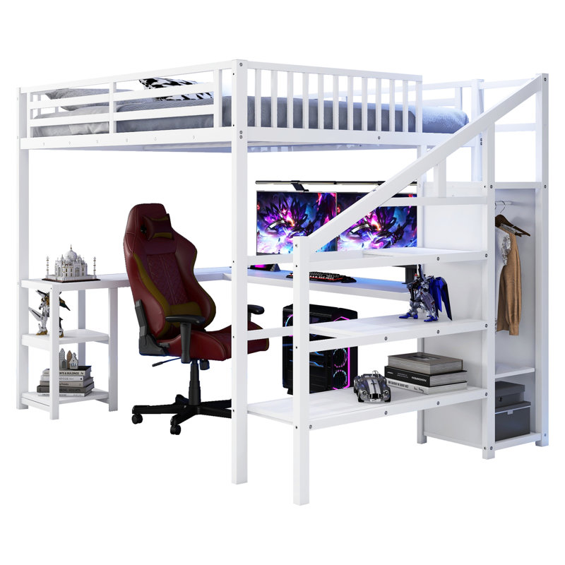 Grand lit mezzanine en métal blanc avec 16 lumières à DEL statiques et espace sous la tablette à vitesse contrôlée, espace