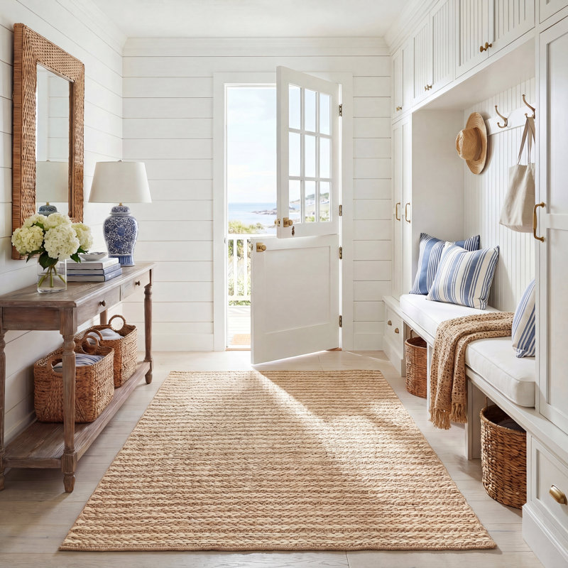 Natural Fiber Hand Woven Jute Striped Rug, Rectangle 4' x 6'