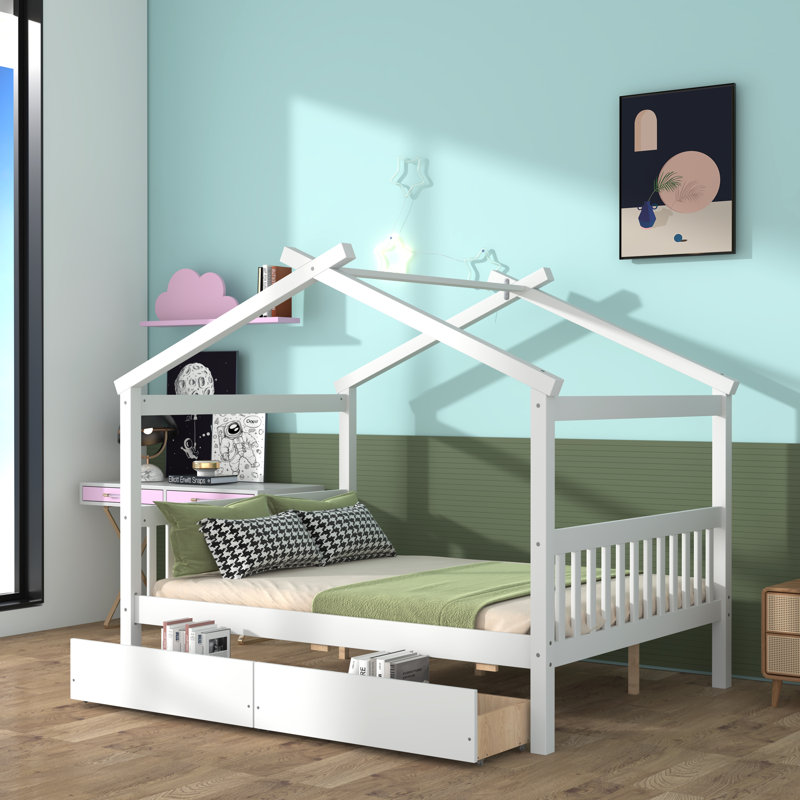 Wooden House Bed With Drawers, White, Twin