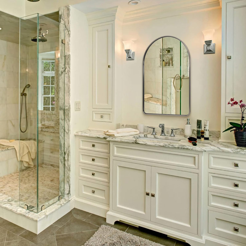 Malisa Contemporary Arched Bathroom Vanity Mirror | Stainless Steel Thick Frame, Brushed Nickel, 36" x 24"