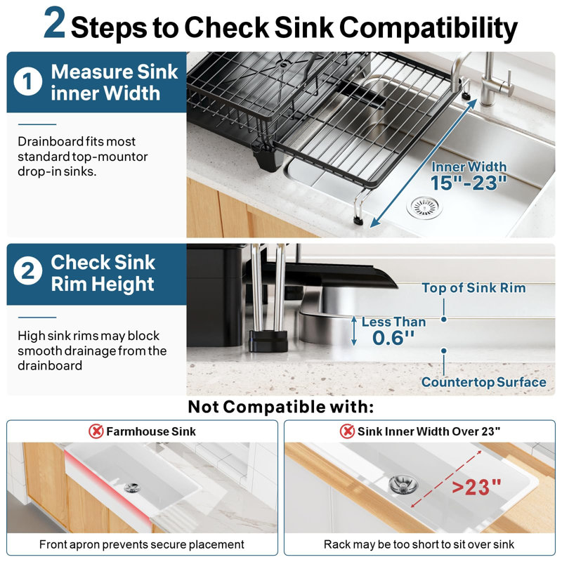 Large 2 Tier Dish Drying Rack, Expandable Over Sink & Counter Use, Extendable Drying Space, Auto-Drain Spout, Stable Screw-Fixed Frame, Cup & Utensil Holder, Rust-Resistant Kitchen Rack, (Black)