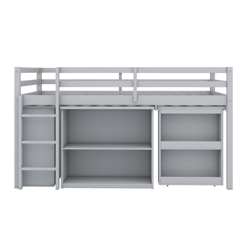Structure de lit mezzanine en bois d'hévéa avec garde-corps de sécurité, bureau coulissant, tiroirs et armoire à tablettes