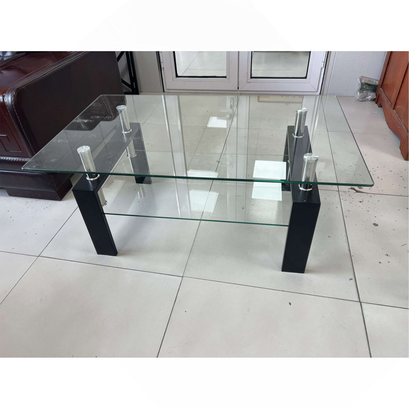 2-Layers Tempered Clear Glass Coffee Table, Clear, 17.32" H x 39.37" L x 23.62" D, Black