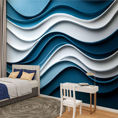 Peel and Stick Canvas Wallpaper Wall Mural Blue White Stripe Decorative Decor Wave Patterns Repetitive Lines Wall Art Self Adhesive and Removable