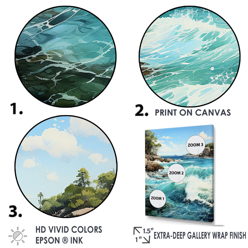 «Azure Seascape Palms Horizon I», reproduction sur toile, Cadre flottant blanc, H 20 po x l 12 po x P 1 po