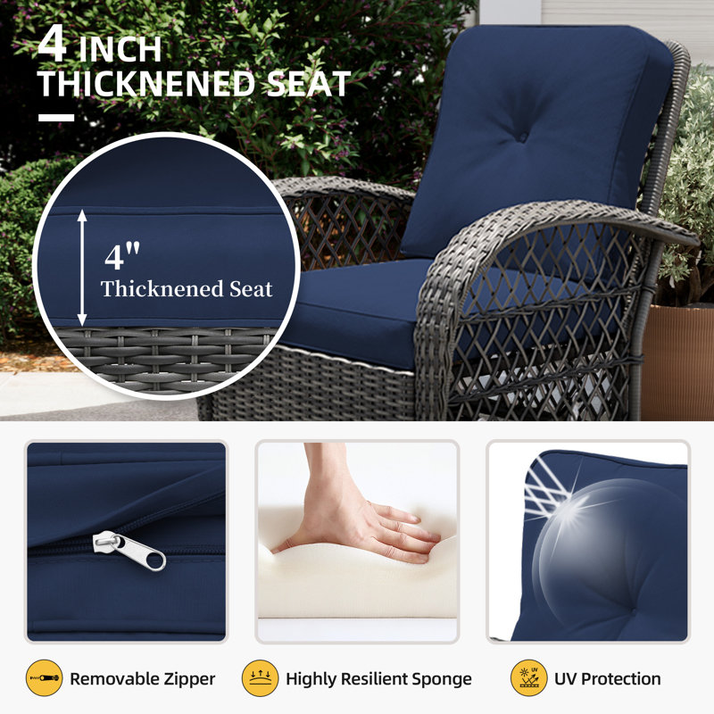  Ensemble de chaises berçantes et pivotantes en osier pour l'extérieur 4 pièces avec coussins, Marine