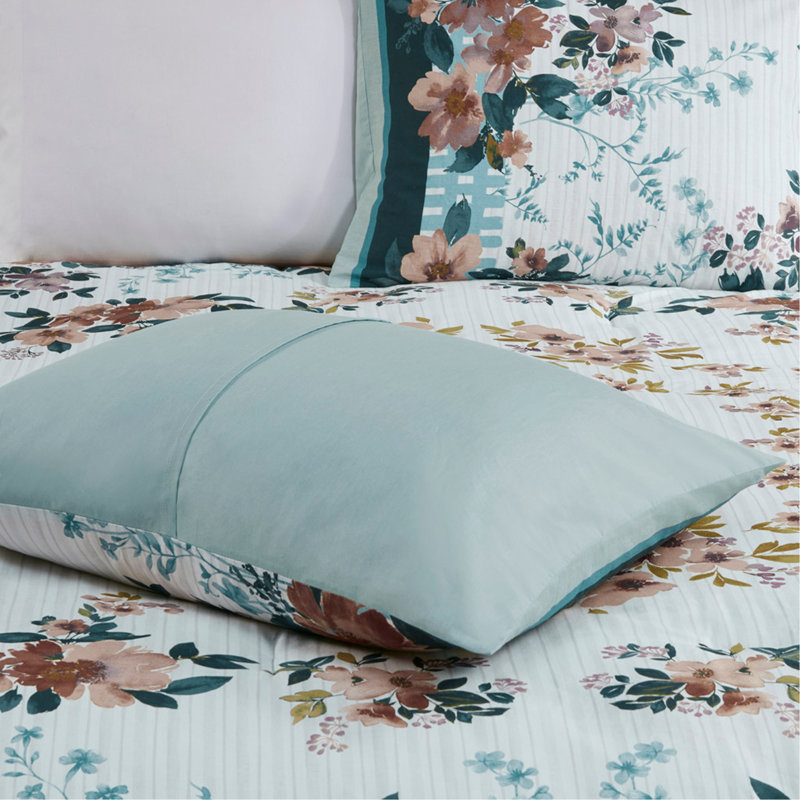 Ensemble d'édredon à motif floral en coton pour lit double / grand 5 pièces avec coussins décoratifs