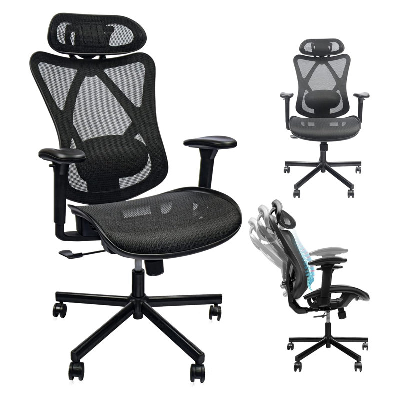 Fauteuil de bureau ergonomique en filet avec support lombaire réglable, appui-tête et accoudoirs - Fauteuil de direction à haut dossier avec roulettes pour bureau personnel, capacité de 280 lb