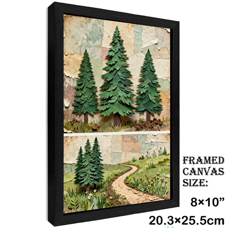Reproduction d'art encadré noir avec pin rétro et sentier forestier, H 11 po x l 9 po