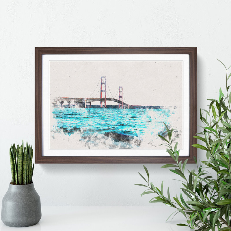 Mackinac Bridge in Michigan Watercolour - Picture Frame Graphic Art Print, Walnut Framed, 33cm H x 45cm W x 2cm D