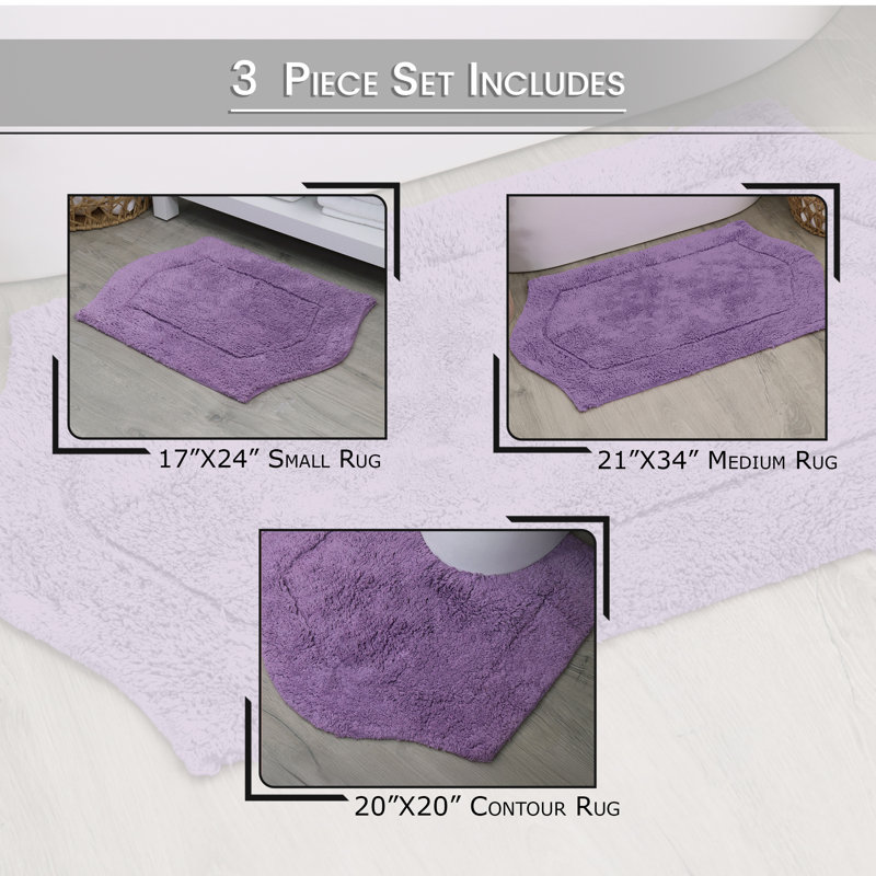 Morissette 100% Cotton Bath Rug, Non-Slip, Quicky Dry, Machine Washable, Absorbent - 3 Piece Set, Mauve