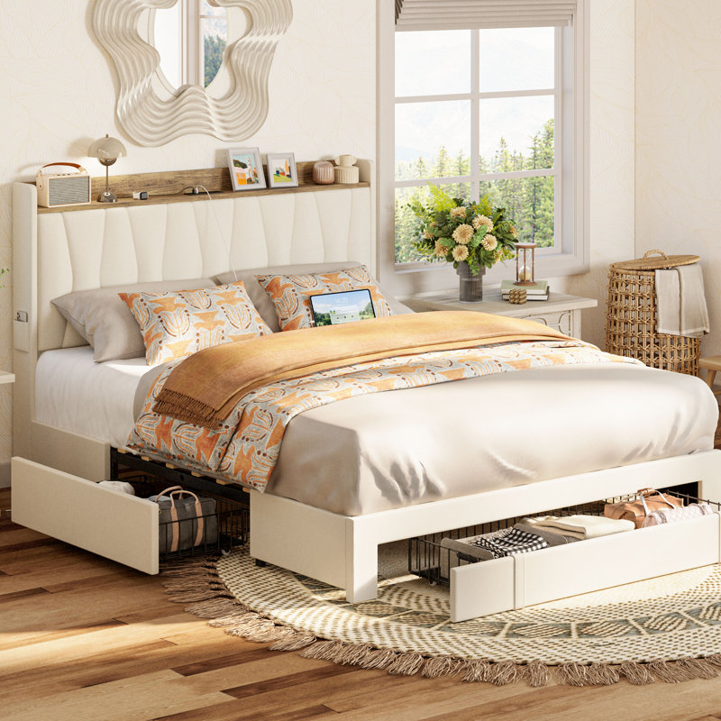 Upholstered Bed Frame with 3 Drawers, Bed with Storage Headboard and Charging Station, Queen, Beige
