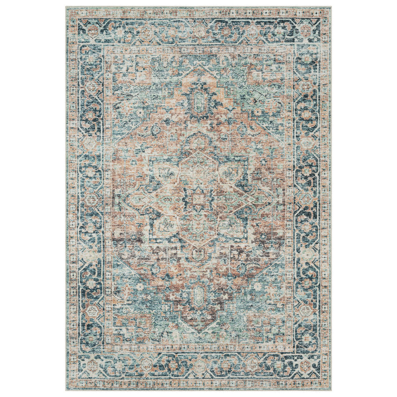 Washable Non-Slip Area Rug - Blue Green / Tangerine Traditional Oriental Area Rug, Rectangle 8' x 10'