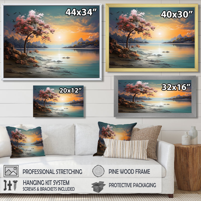 Fleur de cerisier au coucher du soleil sur le lac - salon d'art mural plage et océan, Toile encadrée flottée blanche
