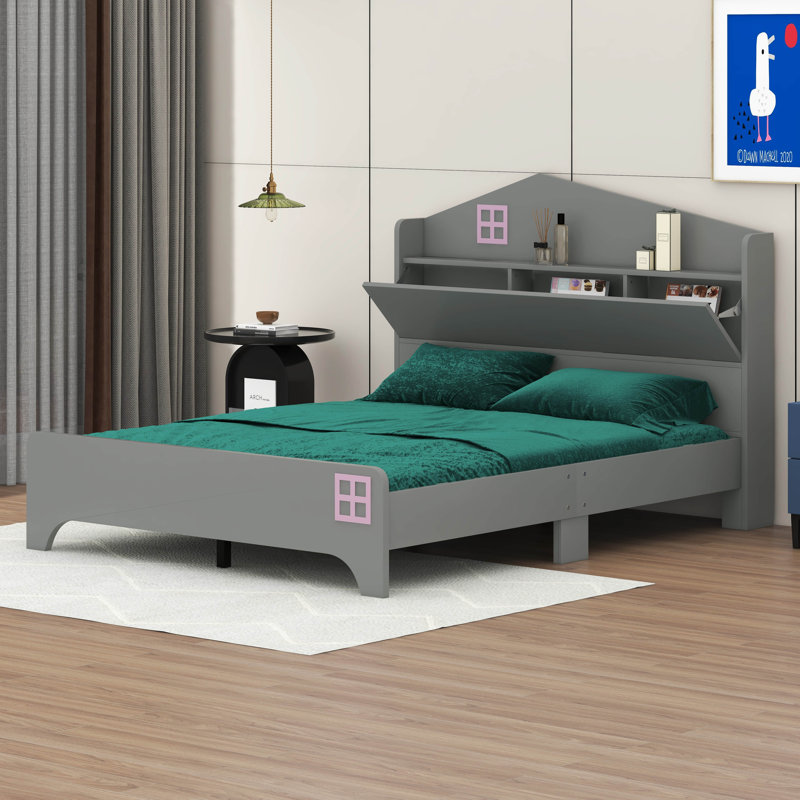 Lit en bois avec tête de lit Sherrell, Double, Gris
