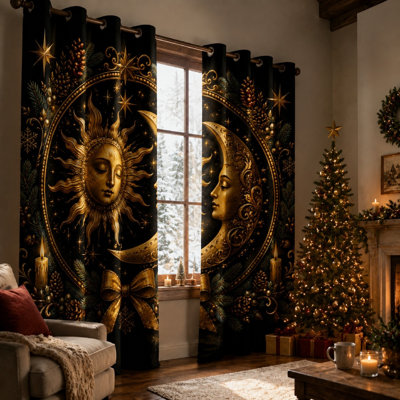 2 pièces de rideaux de tapisserie céleste soleil et lune, décor de chambre d'astrologie mystique, œuvre d'art de portrait doré rétro, rideaux de fenêtre de chambre à coucher pour décorateur de maison