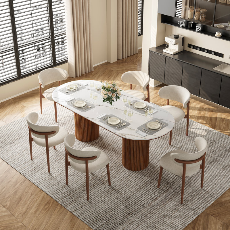 Table de salle à manger 70,8 po moderne en faux marbre, table de cuisine ovale avec une conception élégante à deux piliers, parfaite pour les repas et les rassemblements à la maison