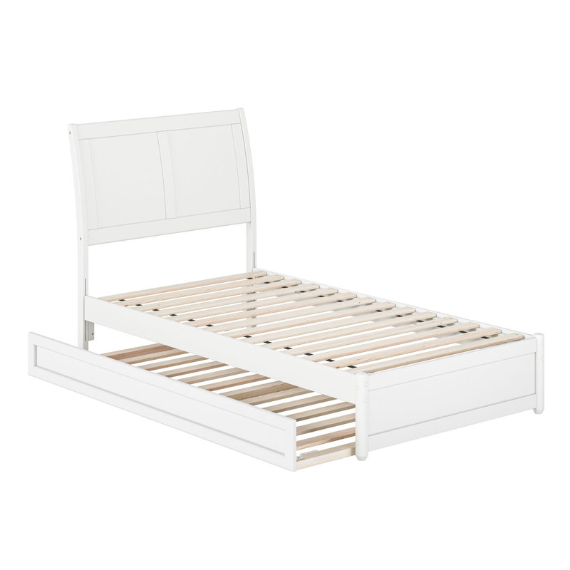 Lamayia Solid Wood Sleigh Platform Bed with Footboard & Roll Out Trundle, Twin, White