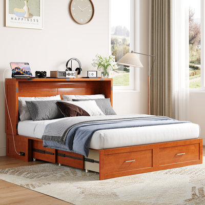 Grand lit escamotable, lit armoire intelligent avec station de charge USB et matelas à trois volets, tiroirs de rangement pour la maison