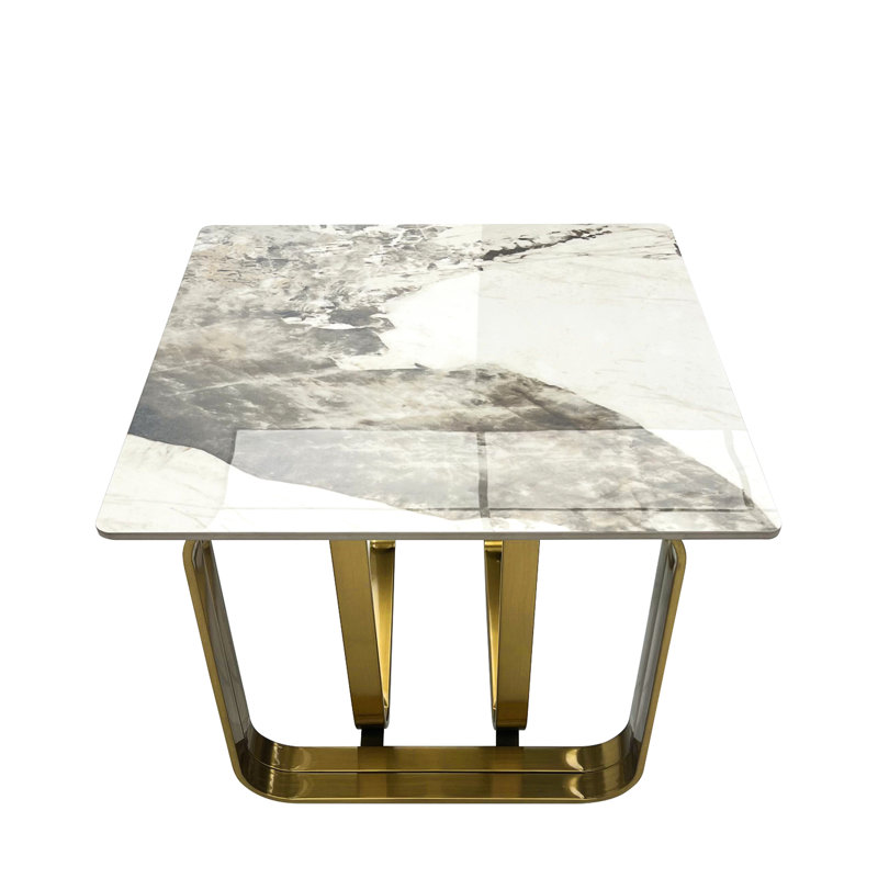 Table de bout rectangulaire moderne en pierre frittée avec structure en métal doré facile à nettoyer