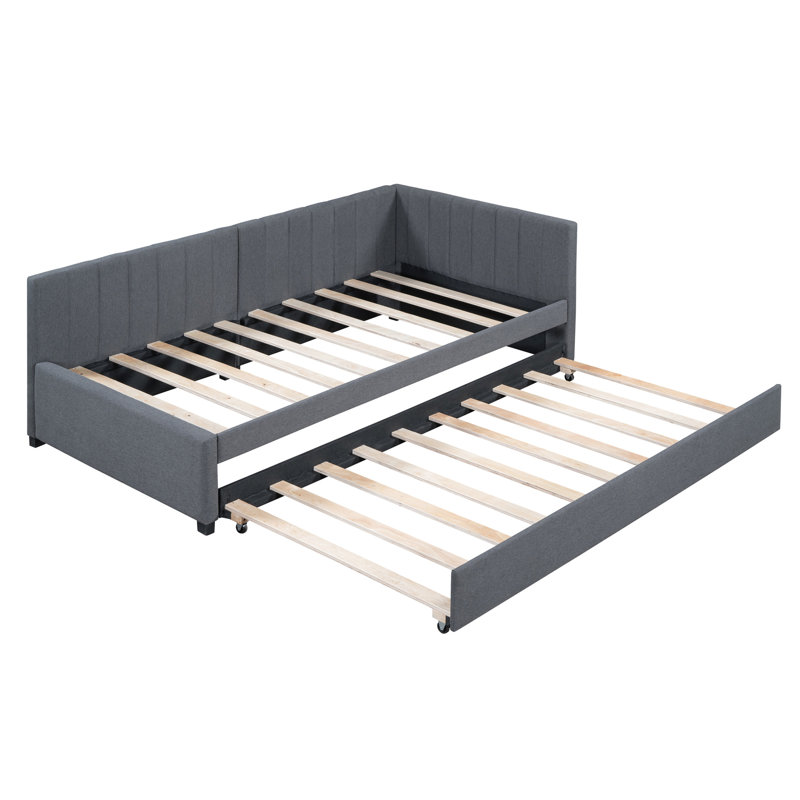 Twin Size Daybed With Upholstered Trundle, Linen Ornament, Strong Bed Quality, No Box Spring, Gray Attribute Spring Required Upholstery, Practical Frame