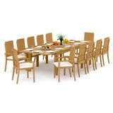 13 Pcs Grade-A Teak Wood Dining Set: 122" Caranas Double Extension Rectangle Table And 12 Goa Stackng Arm Chairs #11GO2912
