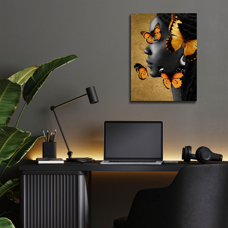  «Monicolore papillon doré 1» par Alonzo Saunders, art mural en verre acrylique, 12 po x 16 po