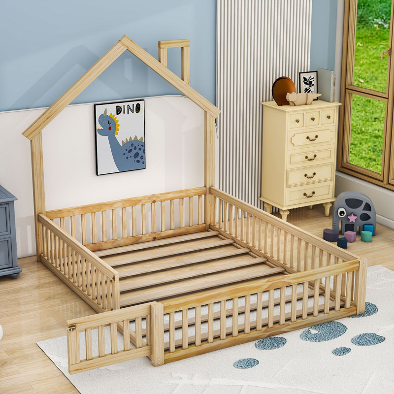 Lit plateforme double en bois avec garde-corps, Naturel