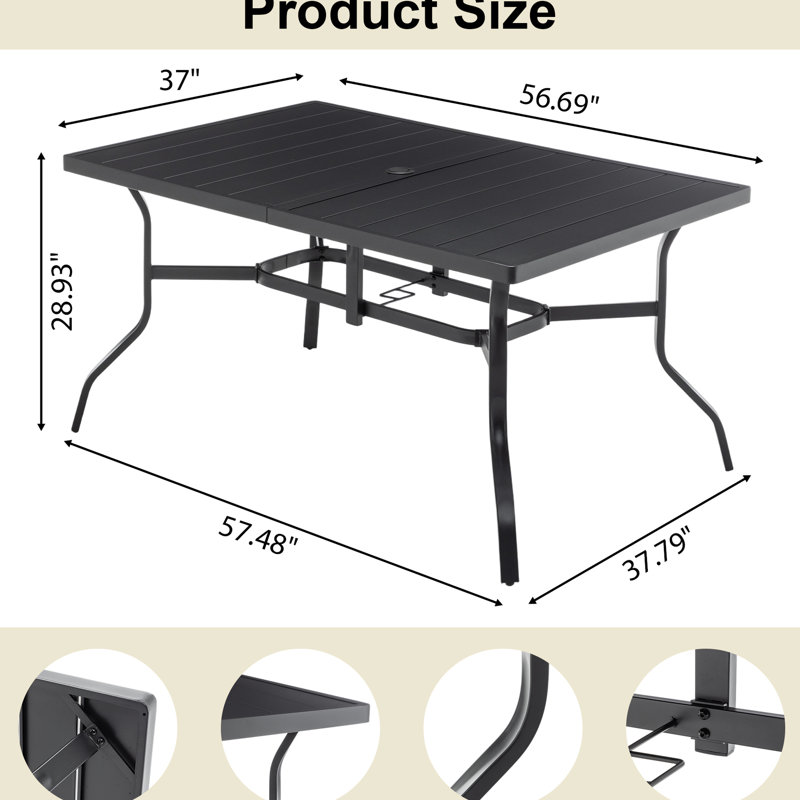 Table de salle à manger pour l'extérieur tout-en-un noire pour 6 personnes avec pieds arqués, trou de parapluie de 2,16 po, plateau à lattes en acier thermolaqué, patins antidérapants, cadre de patio à revêtement en E