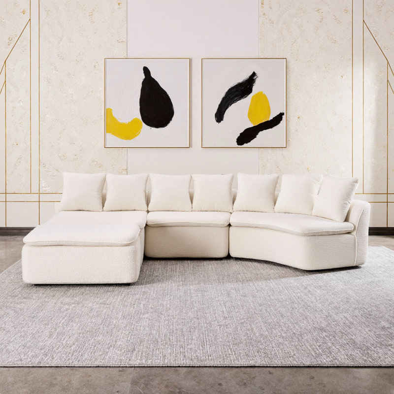 133 Inch Woodgrain Chenille Modular U-Shaped 10-Seat Sectional Sofa with Removable Recliner for Large Spaces, Milk White