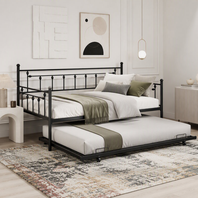 Lit de jour en métal avec lit gigogne, design moderne et peu encombrant