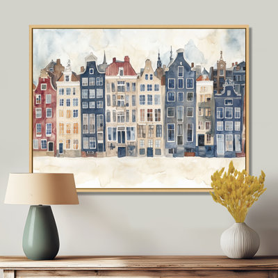 Maisons des canaux d'Amsterdam - Tableau encadré sur toile représentant un paysage urbain bleu marine