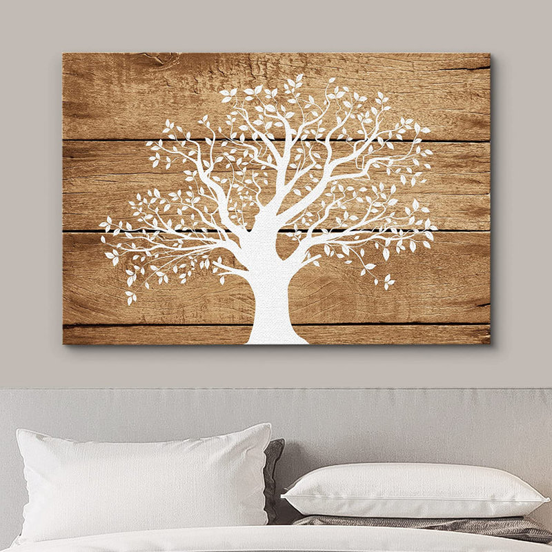 Arbre artistique sur fond de bois brun - impression sur toile tendue, H 32 po x l 48 po x 1,5 po