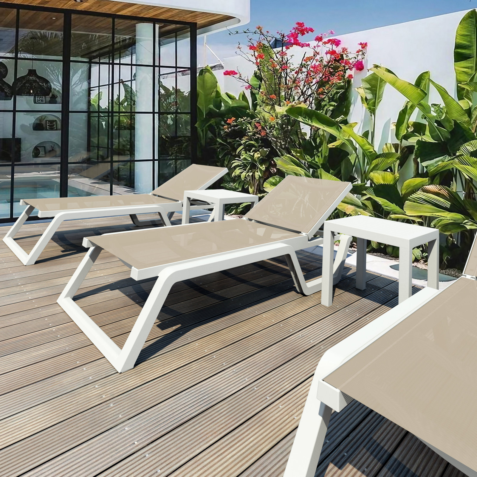 27" Patio Chaise Lounge, White/Taupe