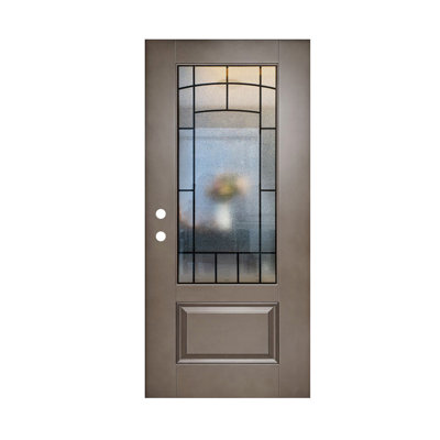 Panneau de porte d'entrée en fibre de verre 36 x 80 seulement, ouverture intérieure à droite, vitrage brun à motif nuageux (vue 3/4).