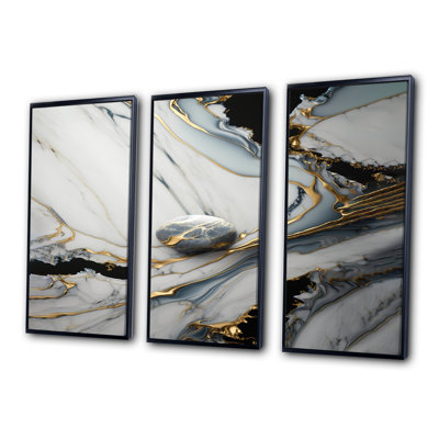 Géode abstraite dorée et marbre blanc III, reproduction sur toile 3 pièces