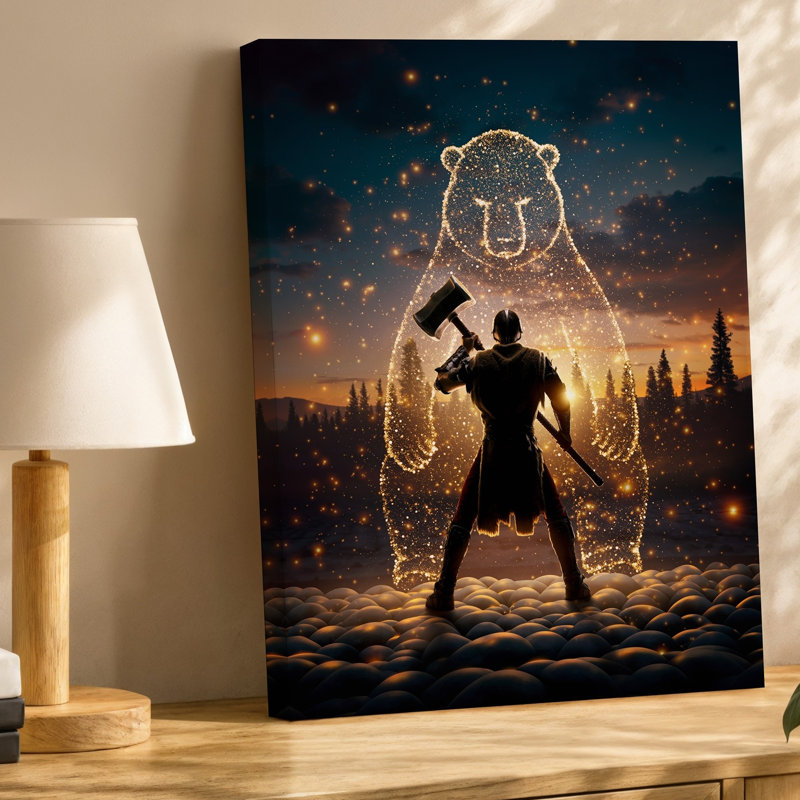 Toile «A Heroic Figure Clad In Dark Textured Armor Stands Confelyly», art mural au premier plan avec un grand marteau