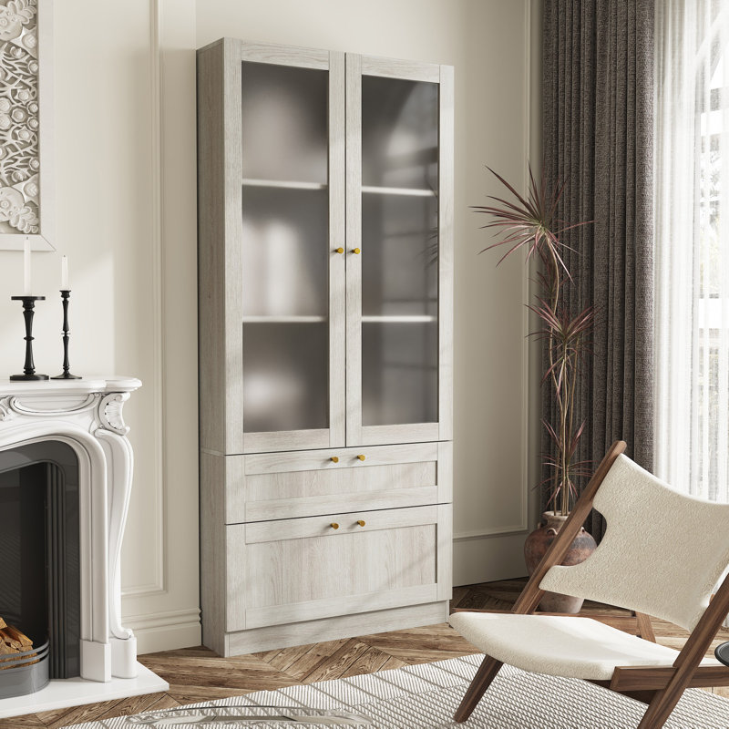 71'' H X 31.5'' W 2-Drawer Bookcase With Frosted Glass Doors