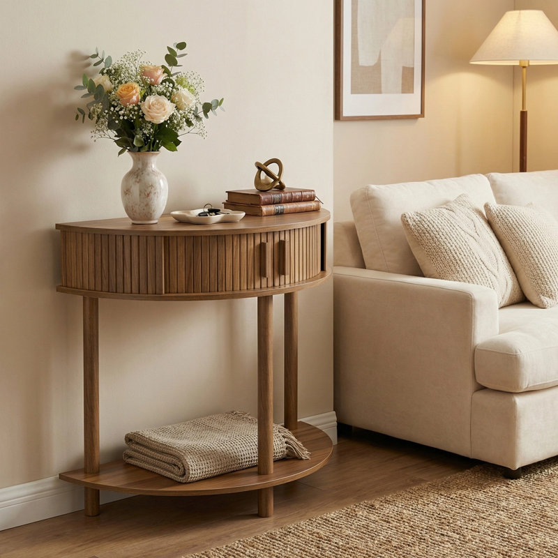 Grooved Half-Moon Console Table, Farmhouse Sofa Table Behind Couch, Modern Entryway Table with Storage, Narrow Foyer Table for Hallway, Living Room, Entryway, Walnut