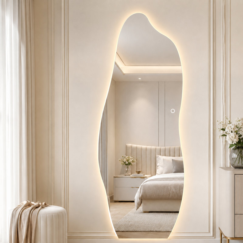65" H x 24" W Irregular Wavy Frameless LED Full Length Mirror, 3-Color Dimmable Backlit Wall Mounted Mirror for Bedroom, Dressing Room, Entryway
