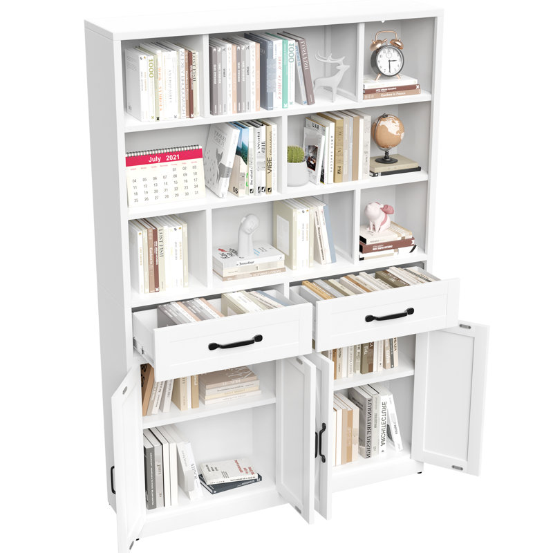 Bibliothèque de 71 po de hauteur avec tiroirs et armoires à portes pour le salon ou le bureau, installation facile 2 chambres, coffre-fort élégant